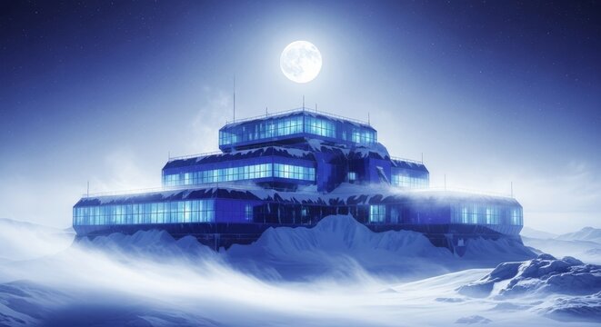 A resilient arctic research building stands firm through an extreme moonlit sub-zero night, shrouded in dramatic icy mist, fog, challenging, ice