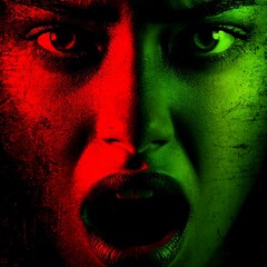 Naklejka premium A face divided in half; one side red, representing fear, the other green, representing greed.