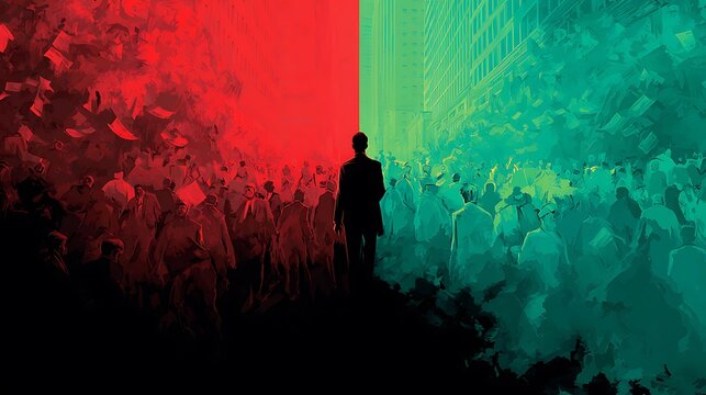 Split scene, chaotic red crowd panic on one side, calm green confident trader silhouette on other side