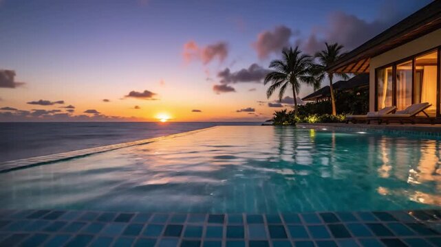 Luxurious poolside villa at sunset with calm ocean view.