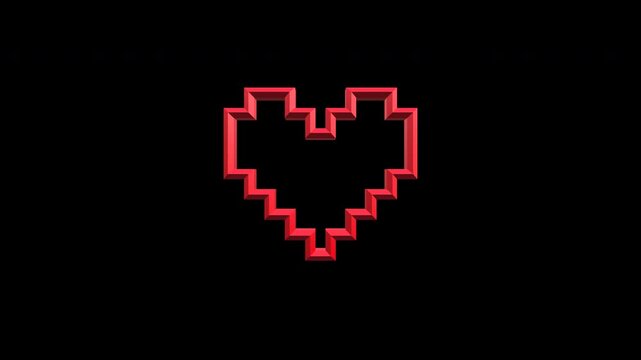 3D pixel art style heart shape icon symbol spinning animation transparent background alpha channel ProRes 444