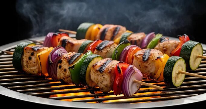 Grilled chicken and vegetable kebabs on a barbecue grill with flames and smoke kebab food skewer