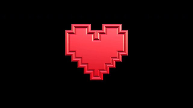 3D pixel art style heart shape icon symbol spinning animation transparent background alpha channel ProRes 444