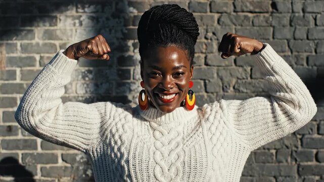 Woman in white sweater with raised arms