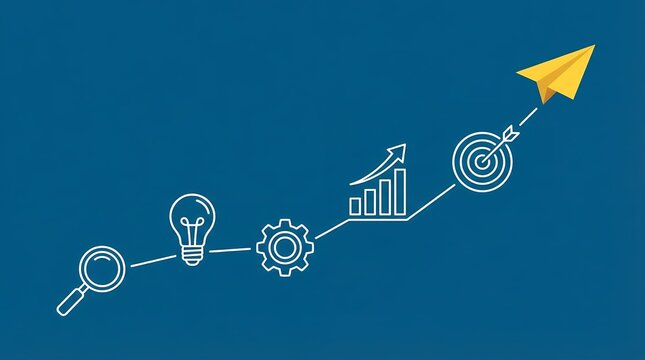 A stylized infographic representing the business journey with icons for research ideas process growth and achieving goals with a yellow paper airplane success strategy planning
