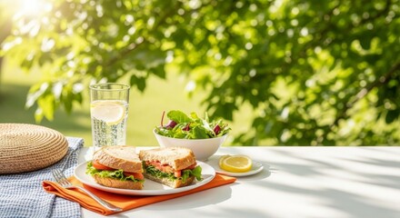 A refreshing outdoor lunch experience, fostering a genuine break from work, enjoying a meal amidst natural serenity, Lunch break, fresh, garden