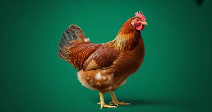 Brown chicken standing on green background looking sideways hen fowl poultry bird feathered farm agriculture