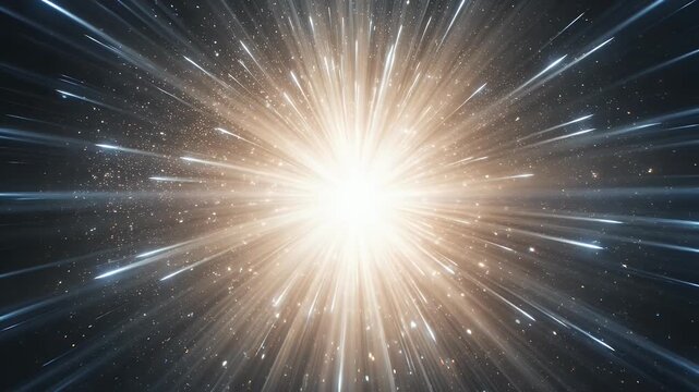 Abstract visualization of space travel with light beams and starfield background
