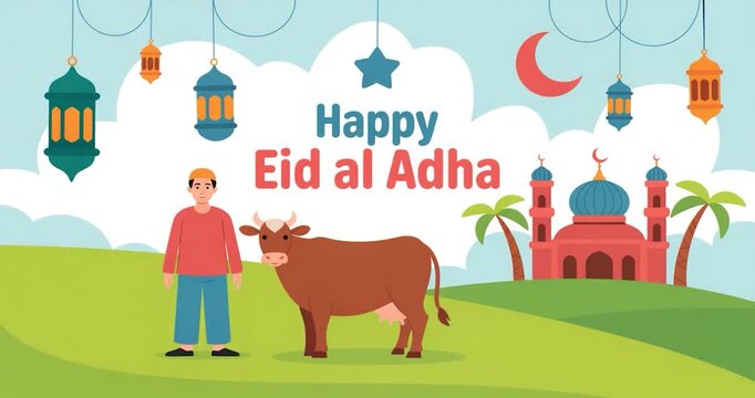 Happy Eid al Adha festive greeting with a man a cow and a mosque islamic muslim holiday festival