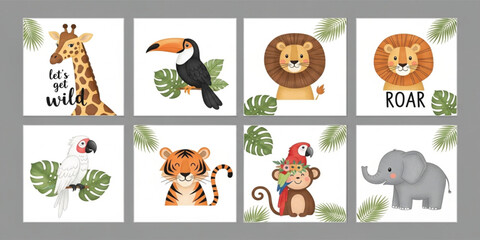 Fototapeta premium Cute Jungle Animal Nursery Poster Set with Giraffe Toucan Lion Tiger Monkey Parrot and Elephant for Kids Room Wall Art and Baby Decor
