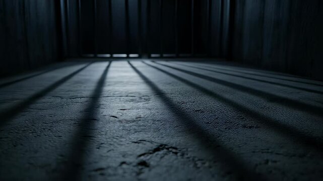 Dramatic long shadows cast by iron bars inside a dark prison cell with a rough concrete floor in a cinematic 3D animation, illustrating confinement and justice concepts.