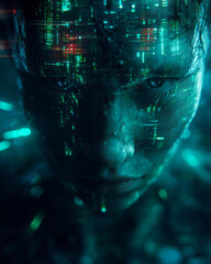 デジタルデータに包まれた未来のAIヒューマノイドのポートレート