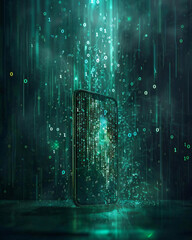 サイバー空間に溶け込むスマートフォンと降り注ぐ0と1のデジタル粒子