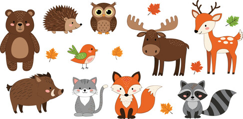 Fototapeta premium Cute Woodland Forest Animals Vector Set Featuring Bear Deer Fox Raccoon Owl Moose Hedgehog Cat and Autumn Leaves for Kids Design