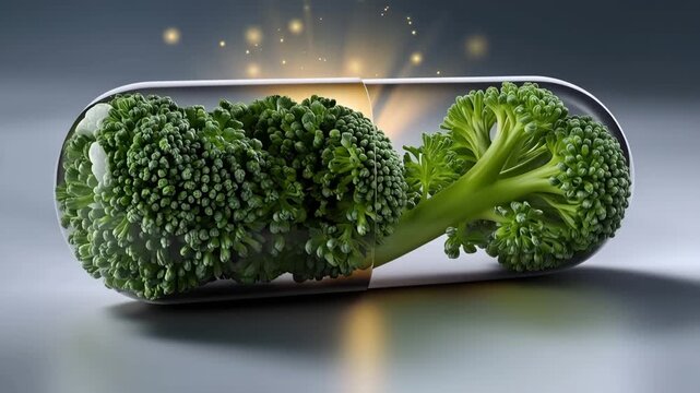 Broccoli inside a clear capsule shows health and nutrition benefits of vegetables for better lifestyle choices