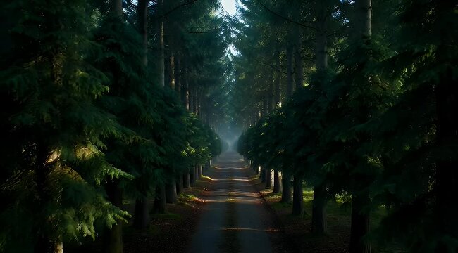 Sunlit path winding through a dense forest of towering green trees