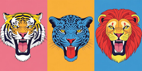 Roaring Tiger Leopard and Lion Head Illustration Set with Bold Colors for Wildlife Mascot Logos, Esports Branding and Animal Character Design © Selim Studio