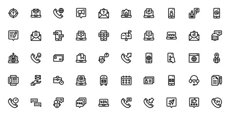 Contact Us icon set. Vector communication symbols pack. Includes email, phone, call, support, FAQ, feedback, message, chat and more. Editable stroke.
