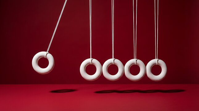 A close up view of a Newton's cradle with one pendulum ball suspended high to the left and four others resting in a line newtons cradle physics science education demonstration