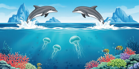 Underwater Ocean Scene with Dolphins Jumping Above Sea, Jellyfish, Coral Reef and Tropical Fish for Marine Life and World Oceans Day Illustration © Selim Studio