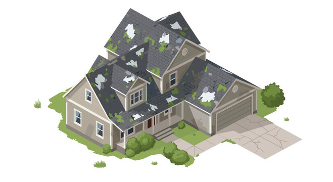 A beige suburban house with a cracked driveway features a damaged roof covered in green moss and debris in an isometric view.