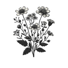 Vintage Wildflower Bouquet Botanical Illustration in Black and White Linocut Style