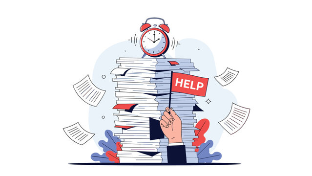 Overworked employee holds a red help flag while being buried under a massive pile of paperwork with an alarm clock ticking on top of it.