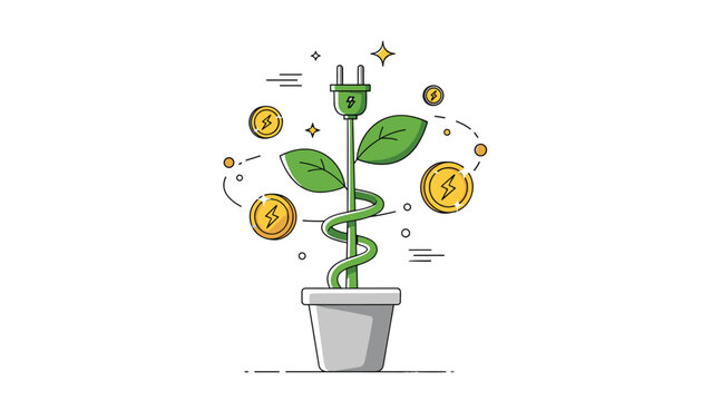 Green energy and sustainable investment concept shows a plant with a power plug stalk growing in a pot surrounded by energy coins.