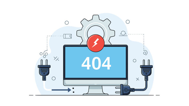 Website connection error 404 problem illustration showing a computer monitor with a red lightning bolt and disconnected electric power plugs.