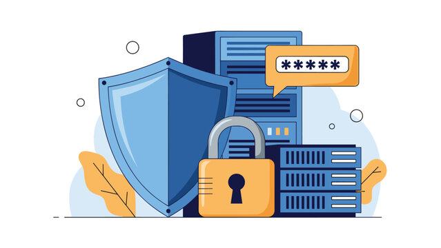 Data server security and network protection concept featuring a large blue shield, a yellow padlock, and multiple computer server racks.