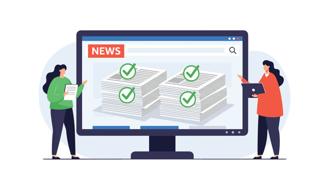 Online news verification and fact checking concept with two women standing by a large screen displaying news articles with green checkmarks.