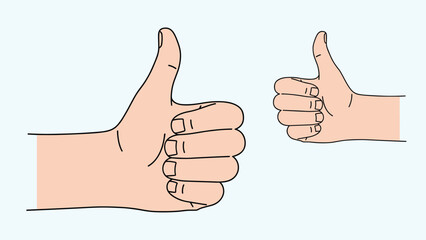 Positive customer feedback and approval concept showing two human hands giving big thumbs up gestures against a light blue background.