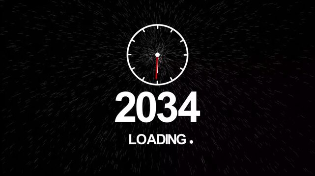 2034 New Year Countdown Clock with Futuristic Loading Concept, Digital Time Progress, Speed Light Effect, Dark Background Celebration Theme.