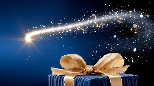 Gift box with golden ribbon shines in the dark with sparkles and light trails in the background