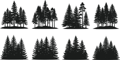 Set of black silhouette vector illustrations of coniferous pine and spruce forest trees isolated on white background for nature landscape and outdoor design (23 words) © MdMamunur