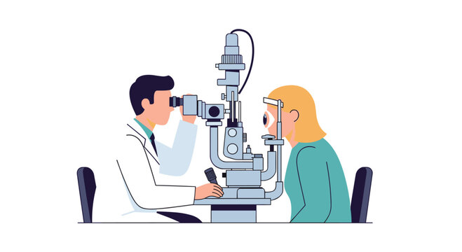 An eye doctor uses a professional slit lamp microscope to examine a female patient's eye during a medical checkup in a clinic.