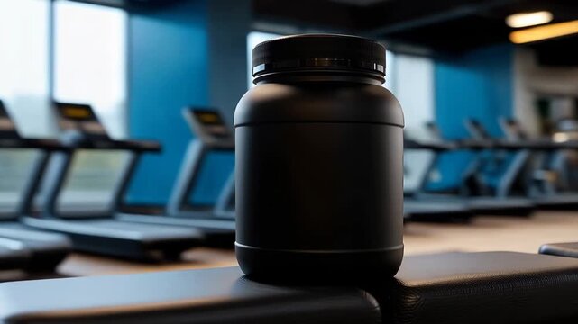 Black protein powder container sits on gym bench while workout equipment is in the background during gym session
