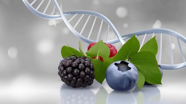 Fruits and DNA strands showcase the connection between nature and genetics in an educational display