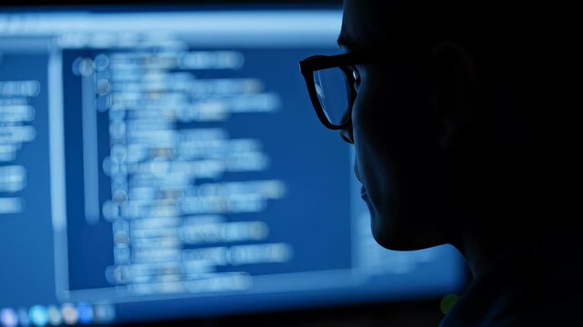 Cinematic close-up of a focused female programmer coding late at night in a dark room illuminated by a blue monitor glow, ideal for software engineering and cybersecurity concepts.