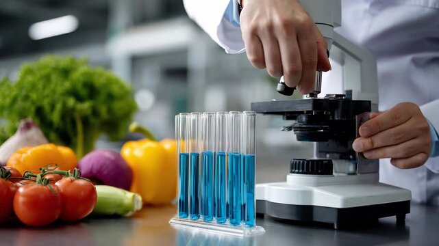 Scientist examines samples with a microscope in a lab surrounded by fresh vegetables and fruits in the afternoon time