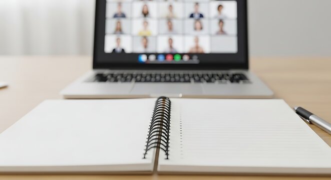 Open notebook pen and laptop displaying virtual meeting on screen ready for notes and online collaboration in modern workspace