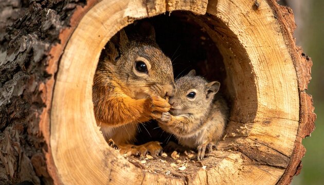 A cute, fluffy red squirrel with a thick furry tail sits on a tree branch in the wild forest eating a nut during a closeup nature photography session