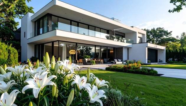 A luxury residential villa features new white architecture with large windows and a beautiful flower garden set against a bright sky on a lush property landscape
