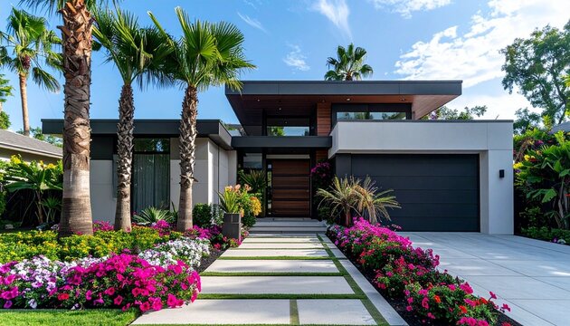 A luxury Mediterranean style resort hotel features a tropical garden and beach with palm trees under a summer sky for a perfect vacation landscape