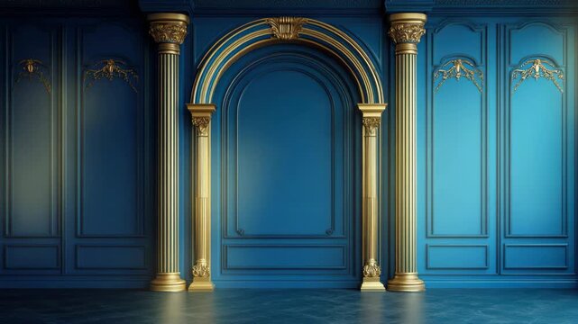 A grand stage door entrance with an ornate gold frame, set against blue walls and a wooden floor. The arched design adds to the classic theatrical ambiance.