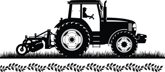 Agricultural tractor cultivating field with rotary tiller, modern farming machinery silhouette for rural agriculture, black and white vector illustration design © Samol