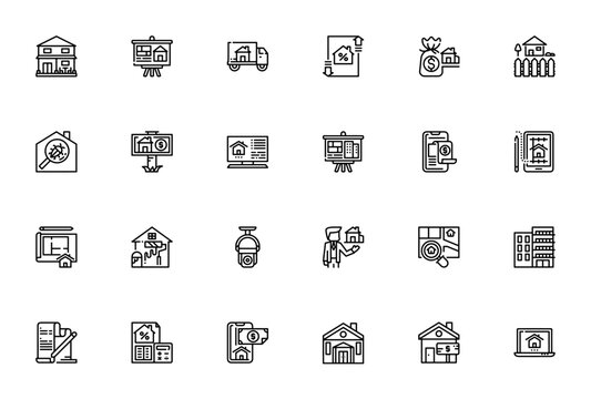 Real estate icon set. Vector illustration pack featuring house, condominium, mortgage, realtor, contract, security, moving truck and more. Editable thin line icons.