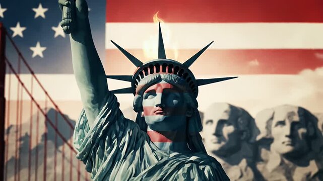 Iconic American Landmarks Collage Statue of Liberty Golden Gate Bridge Mount Rushmore USA Flag.
