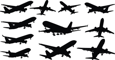 Airplane silhouettes vector collection, commercial jet aircraft flying and landing poses set, aviation travel transport illustration, modern passenger plane icons © Samol