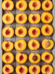 Arrangement of Peach Halves Showing Texture and Color on Wooden Background